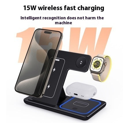 15W 3 In 1 LED Fast Wireless Charger Stand Foldable Charging Station For Smart Phone 15/14/13/12/11 IWatch 9 8 7 6 5 AirPods Pro