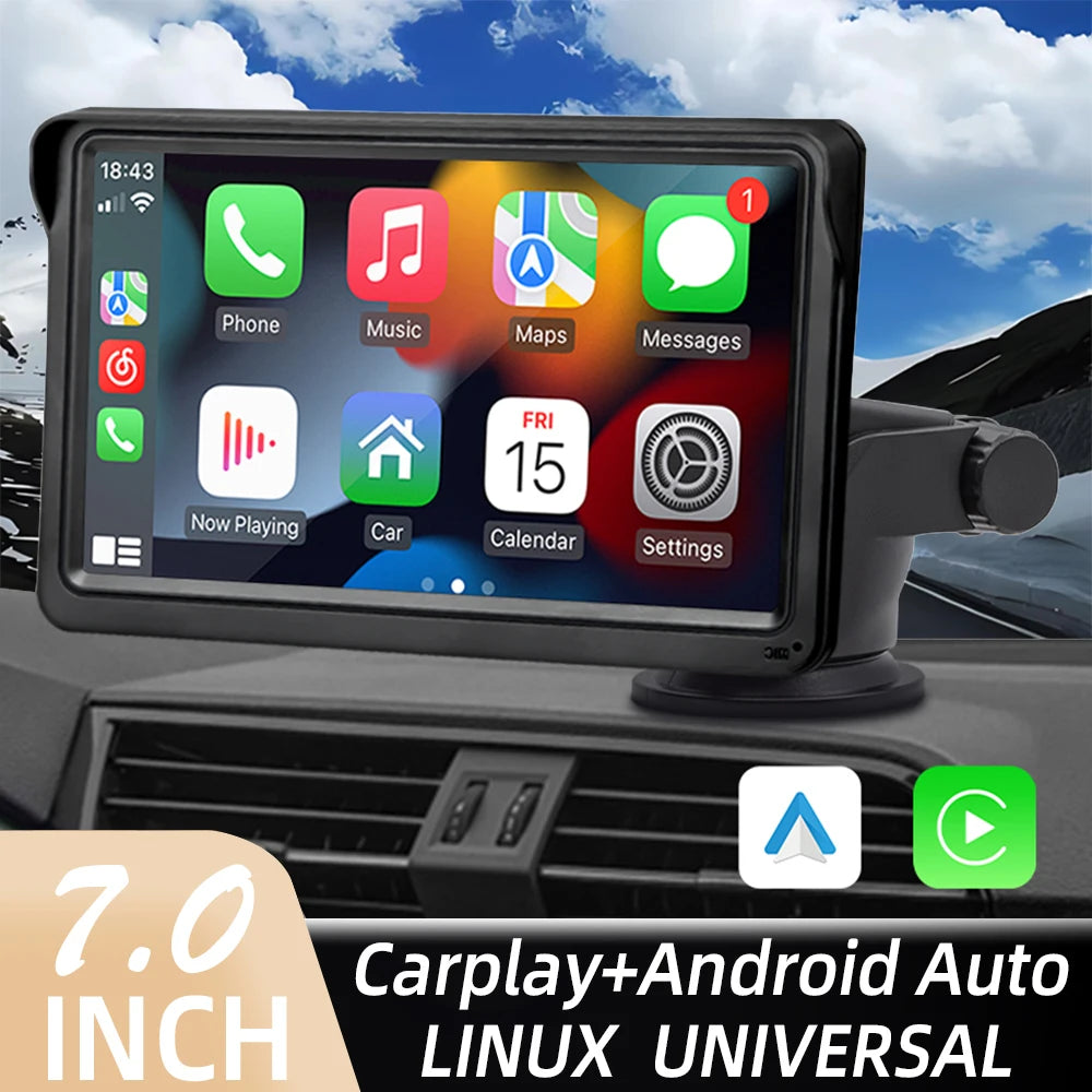 Works for Any Car Radio Wireless CarPlay Apple/Android Auto Multimedia Video Player 7inch Portable Touch Screen With USB AUX For Rear View Camera