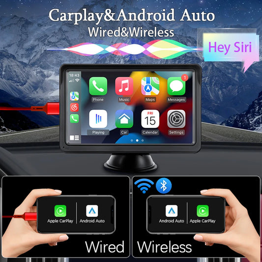 Works for Any Car Radio Wireless CarPlay Apple/Android Auto Multimedia Video Player 7inch Portable Touch Screen With USB AUX For Rear View Camera