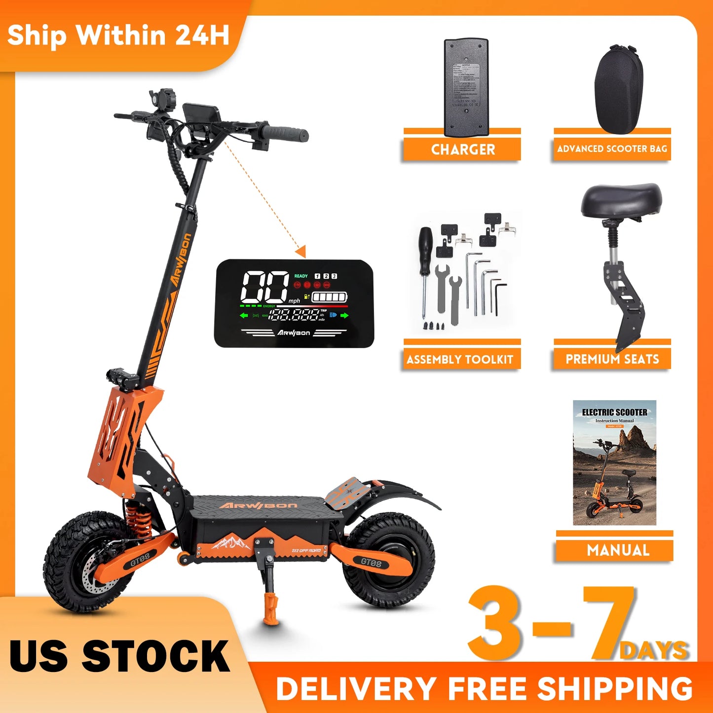 Arwibon 5600W Adult Electric Scooter Dual Motor Top Speed 50MPH,60V27AH, 11-inch Off-Road Tires Sport Folding eScooter with Seat