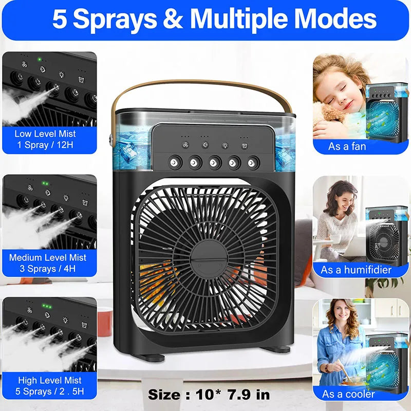 Top seller 3 In 1 Mini Mist Humidifier Cooler Water Electric Rotary Usb Rechargeable Household Tabletop Portable Air Fan A/C Circulator