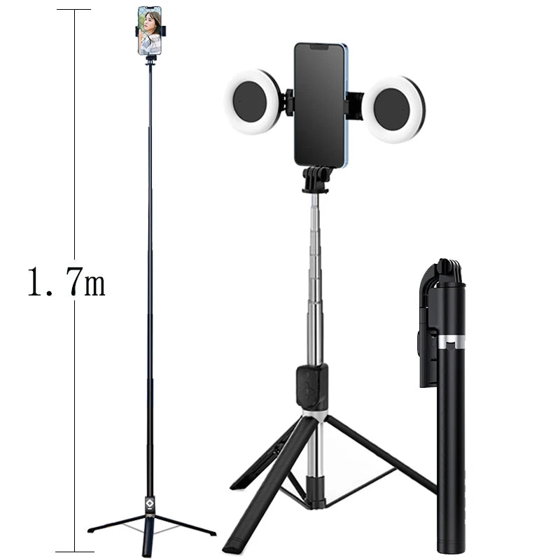 The Great 1.7m Extendable live Tripod Selfie Stick Support LED Ring Dual light mirror Stand 4 in 1 Phone Mount for iPhone X 8 11 Android