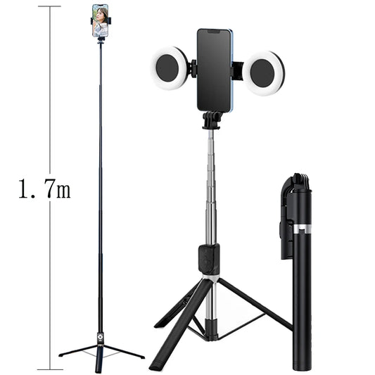 The Great 1.7m Extendable live Tripod Selfie Stick Support LED Ring Dual light mirror Stand 4 in 1 Phone Mount for iPhone X 8 11 Android