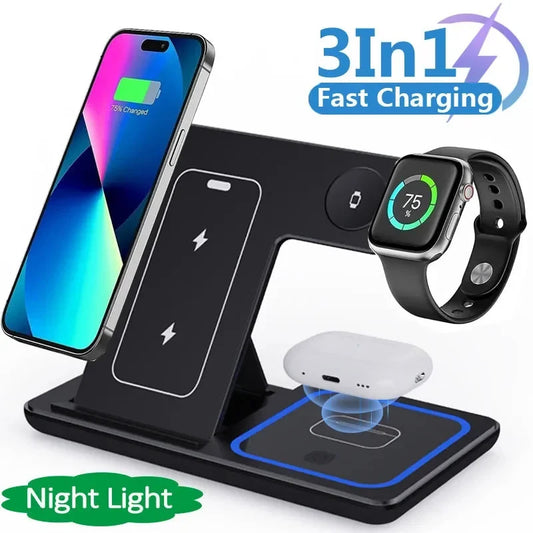 15W 3 In 1 LED Fast Wireless Charger Stand Foldable Charging Station For Smart Phone 15/14/13/12/11 IWatch 9 8 7 6 5 AirPods Pro